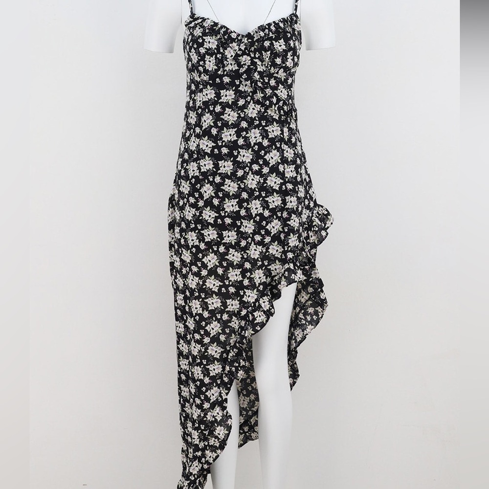 Black Floral Asymmetrical Midi Dress